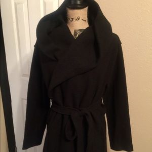 100% Wool Black Hooded Wrap Around Coat Ret. $398